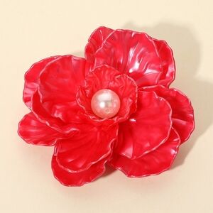 Red Pearl Flower Brooch 4.25 Inch Pendant Pin Hairpin Statement Accessory